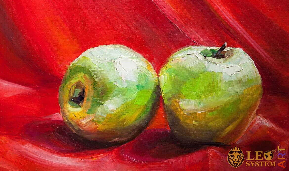 Oil painting on canvas two green apples on a red background