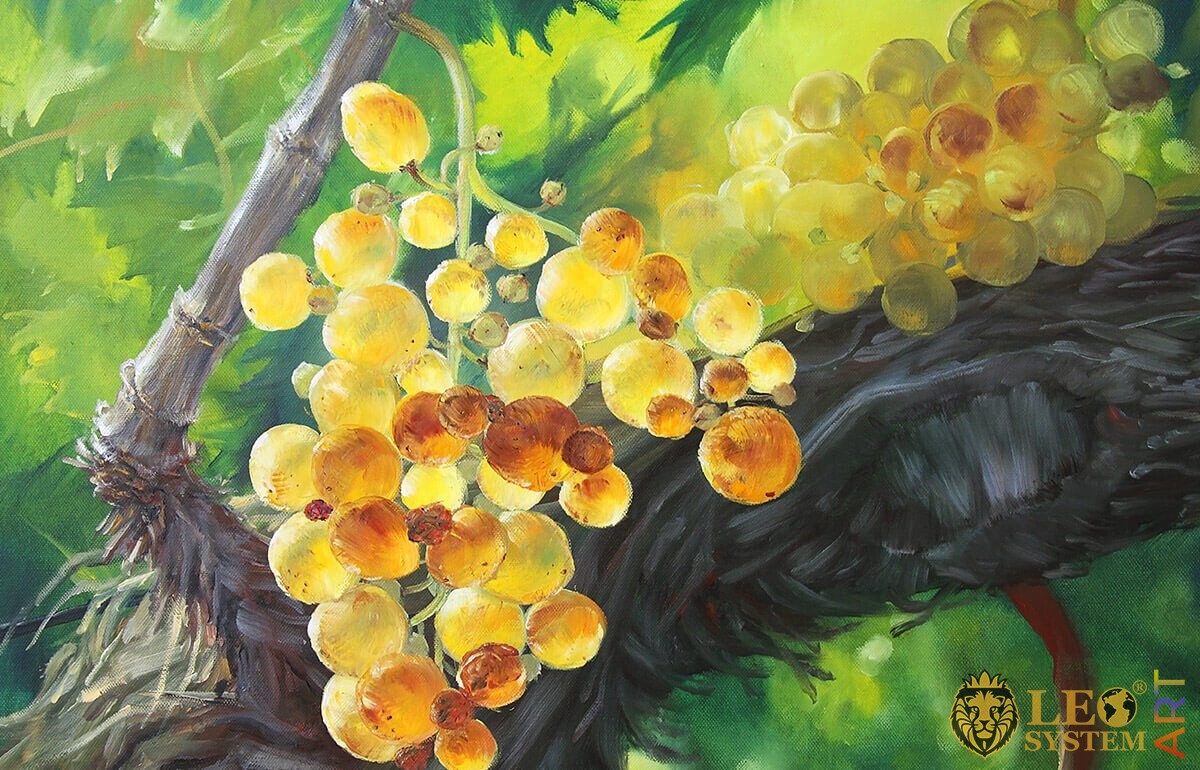 Oil painting on canvas yellow grapes with leaves on a branch