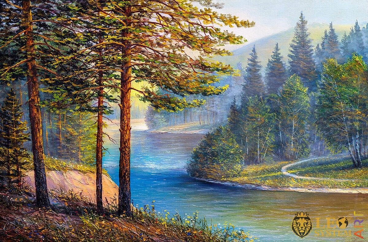 Forest with pine and spruce, river shore, oil painting