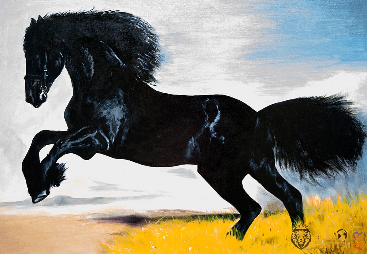 Painting of a black horse with a large mane