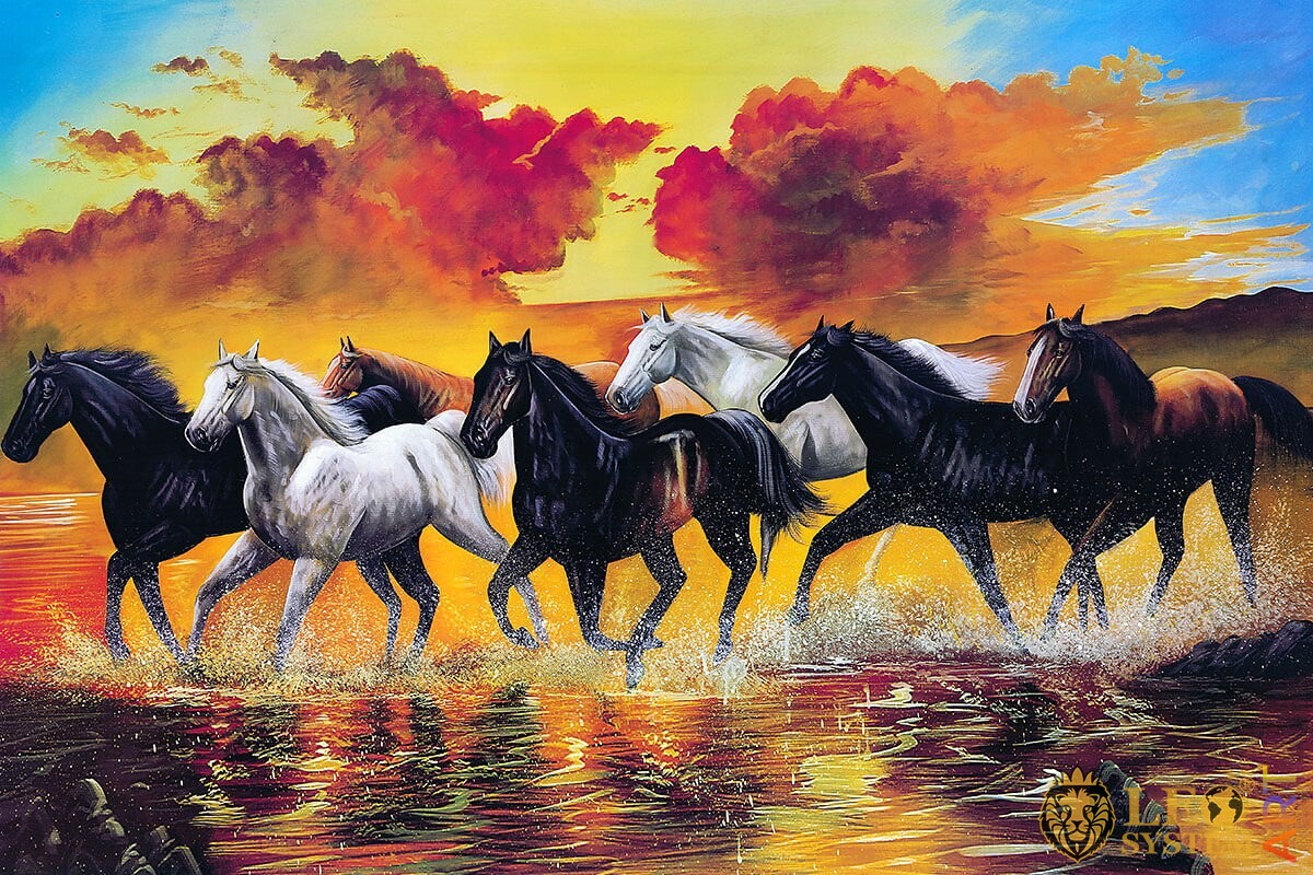 Oil painting on canvas horses running on water