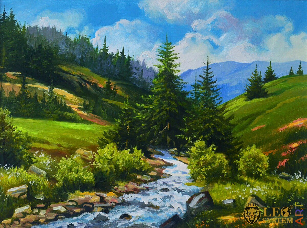 Mountain nature landscape, running stream, original painting