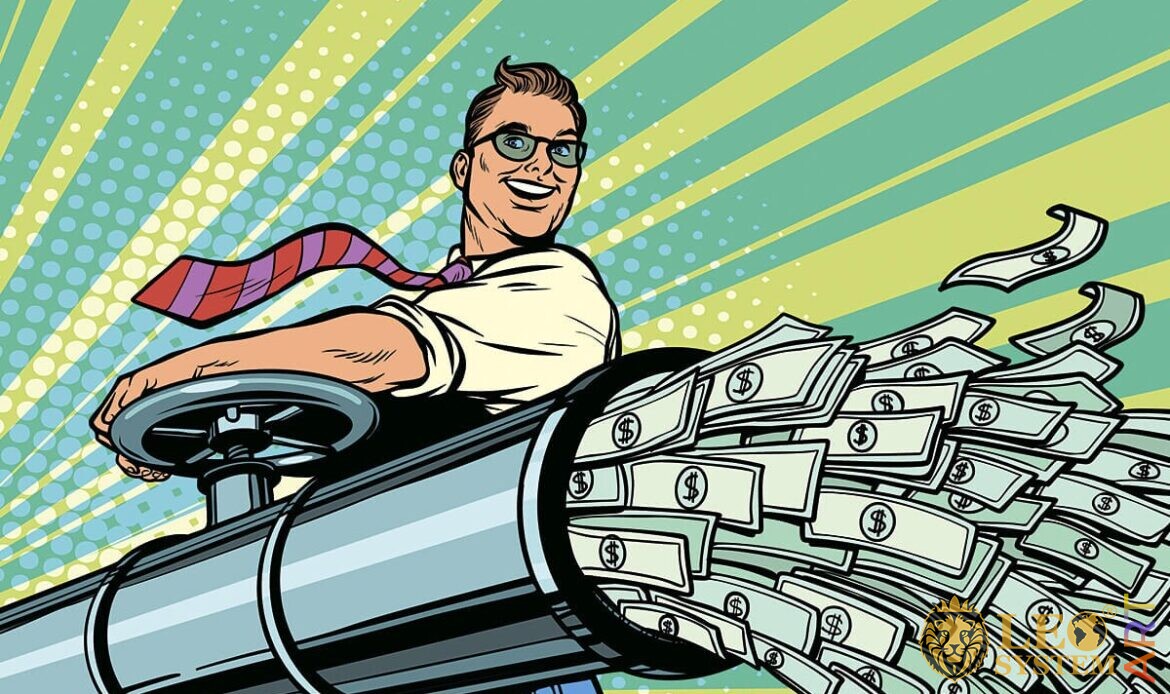 Picture of a greedy man with a water pipe from which money flows