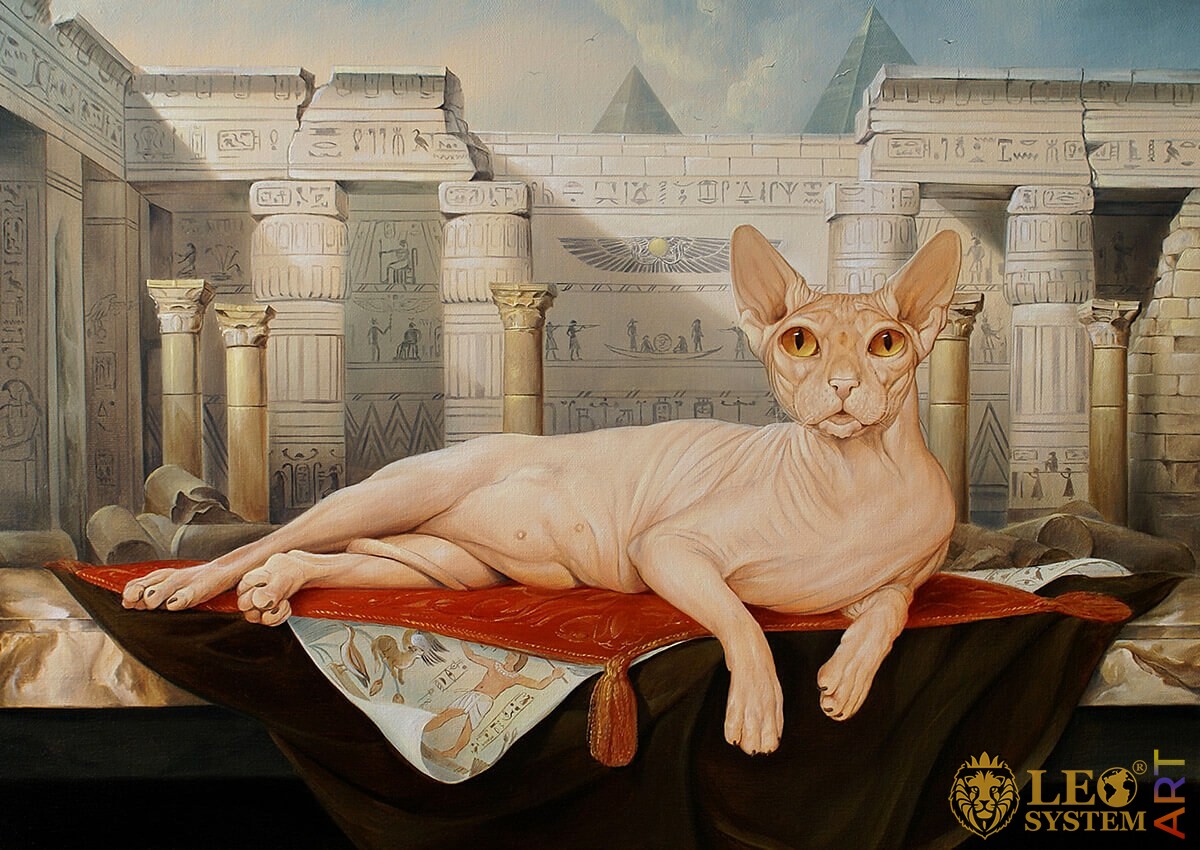 Painting of a lying cat against the background of the Egyptian Pyramids
