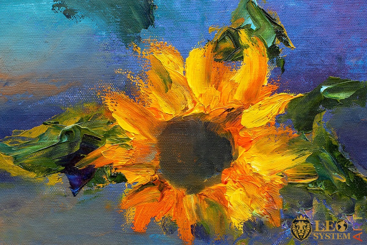 Oil painting on canvas one sunflower with green leaves