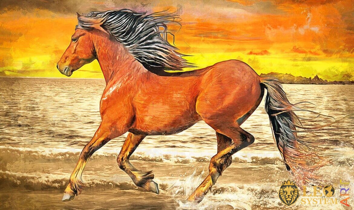 Oil painting beautiful brown horse running on water