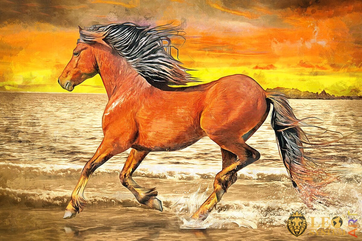 Oil painting beautiful brown horse running on water