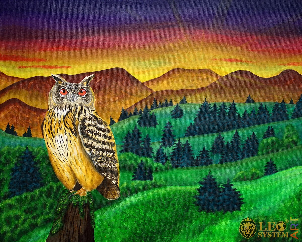 Painting bird owl sitting on a tree
