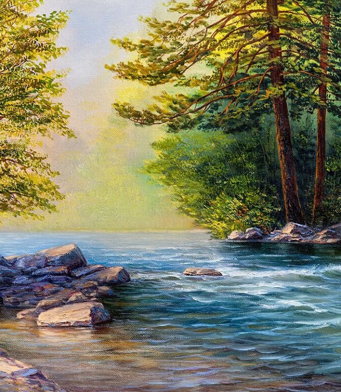 Oil Paintings by the River in the Forest