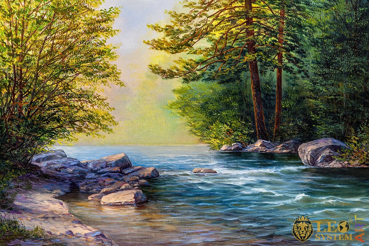 Oil painting forest, stones and river