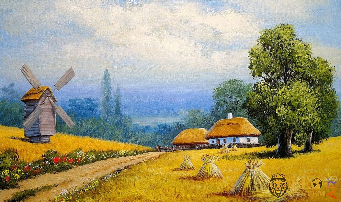 Landscape with rural houses, original oil painting