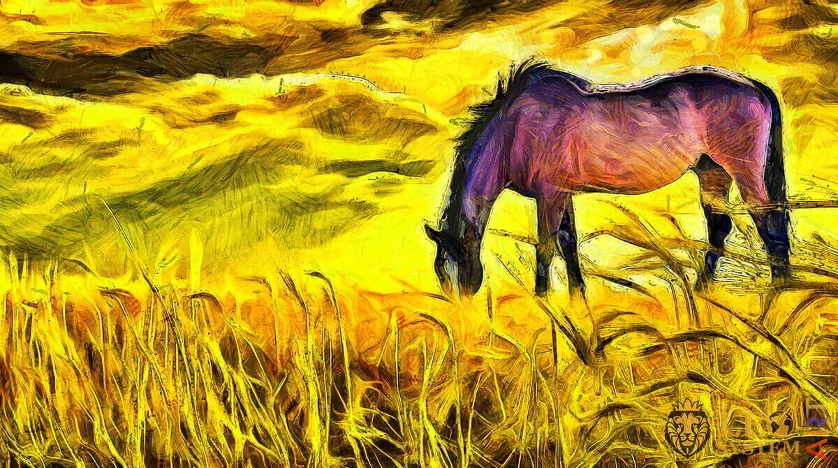 Painting horse walks in the field