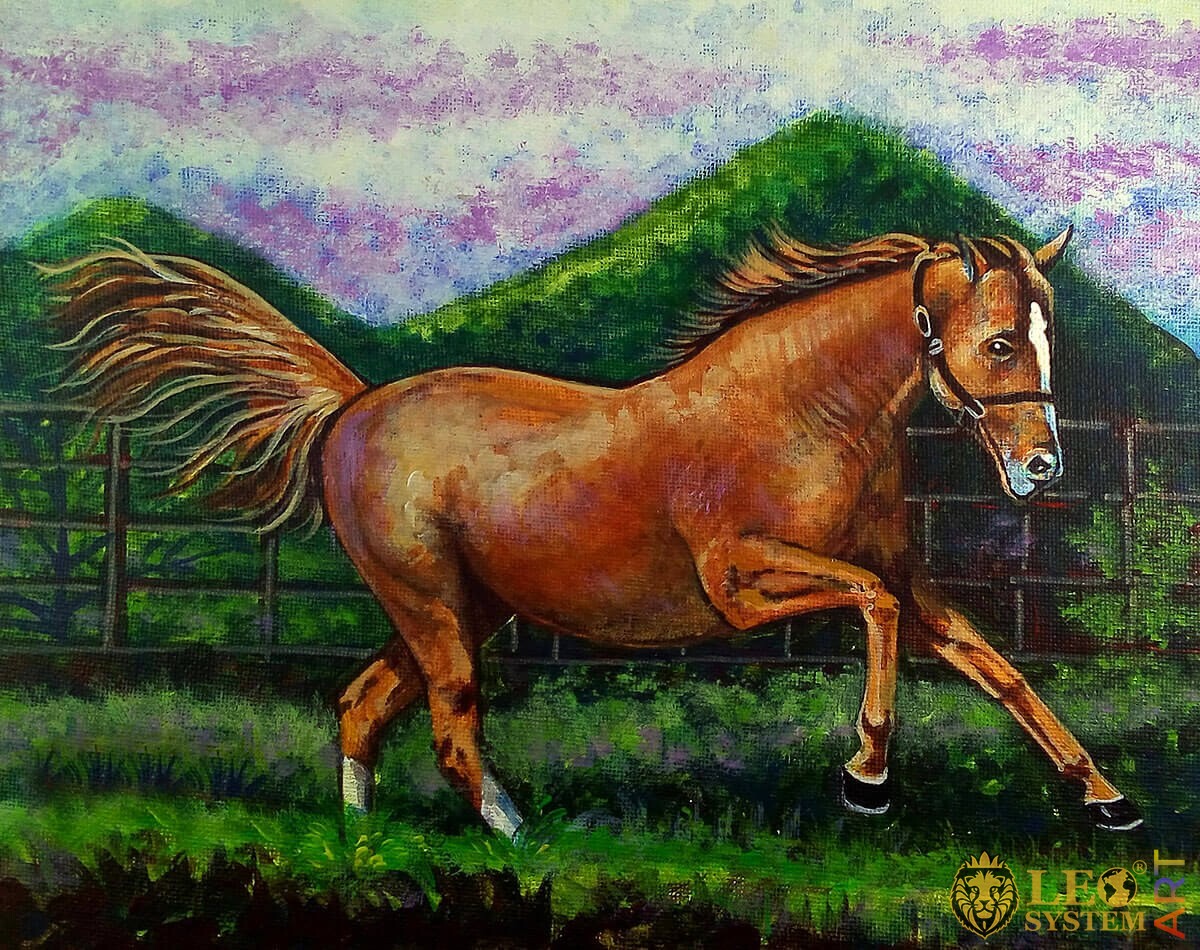 Oil painting on canvas of a beautiful horse running across the field