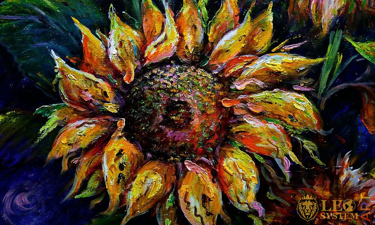 Oil painting with a large sunflower and seeds