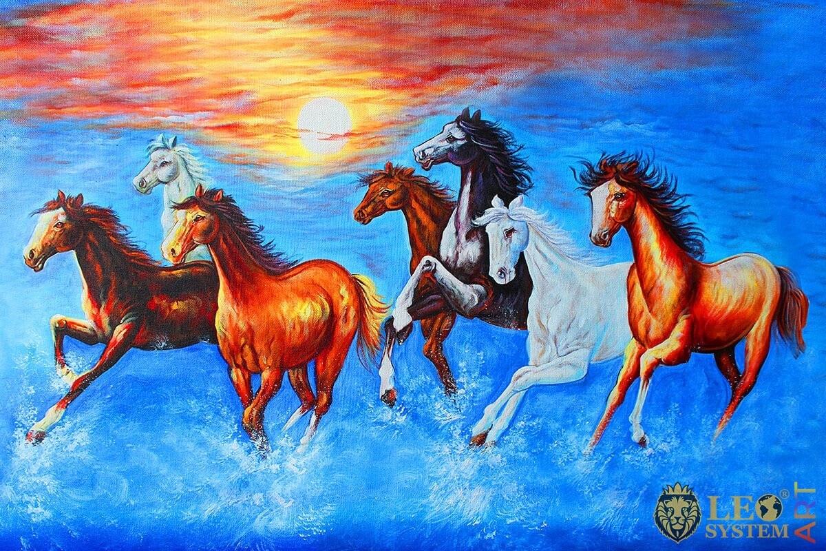 Painting group of horses running on the sea