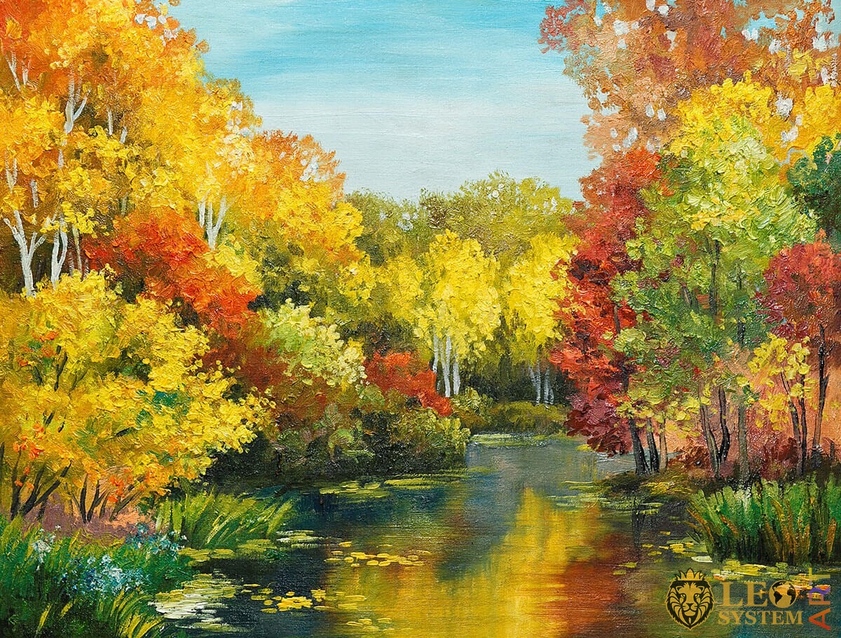 Original oil painting on canvas, dense forest and river