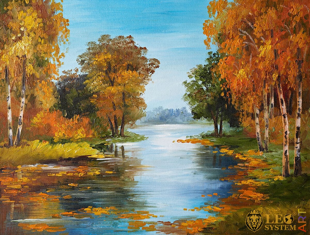 Painting with a magnificent view of the forest and the river