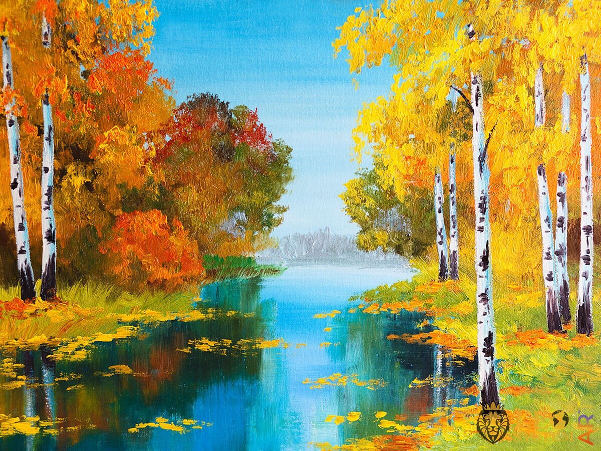 Forest with trees and river, oil painting