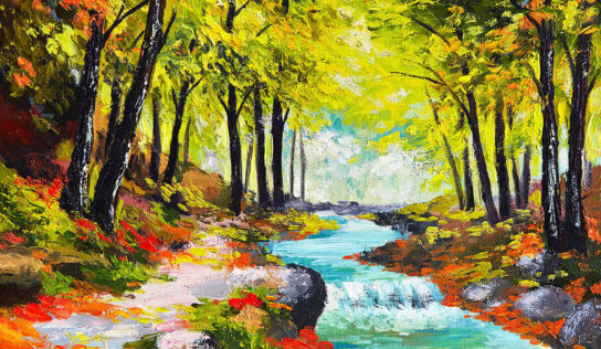 Paintings with Running Streams in the Forest