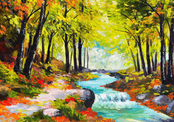 Paintings with Running Streams in the Forest