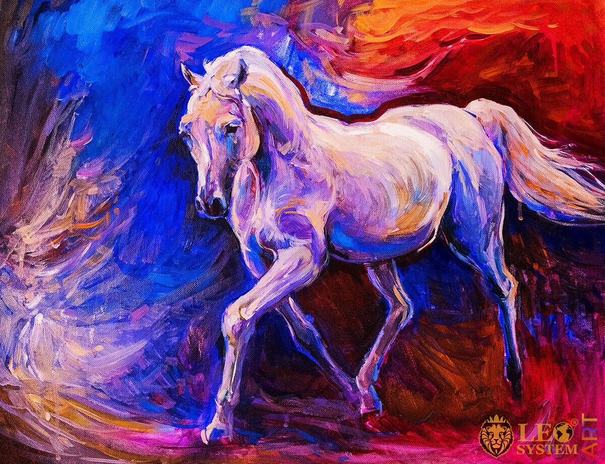 Oil painting on canvas stately white horse
