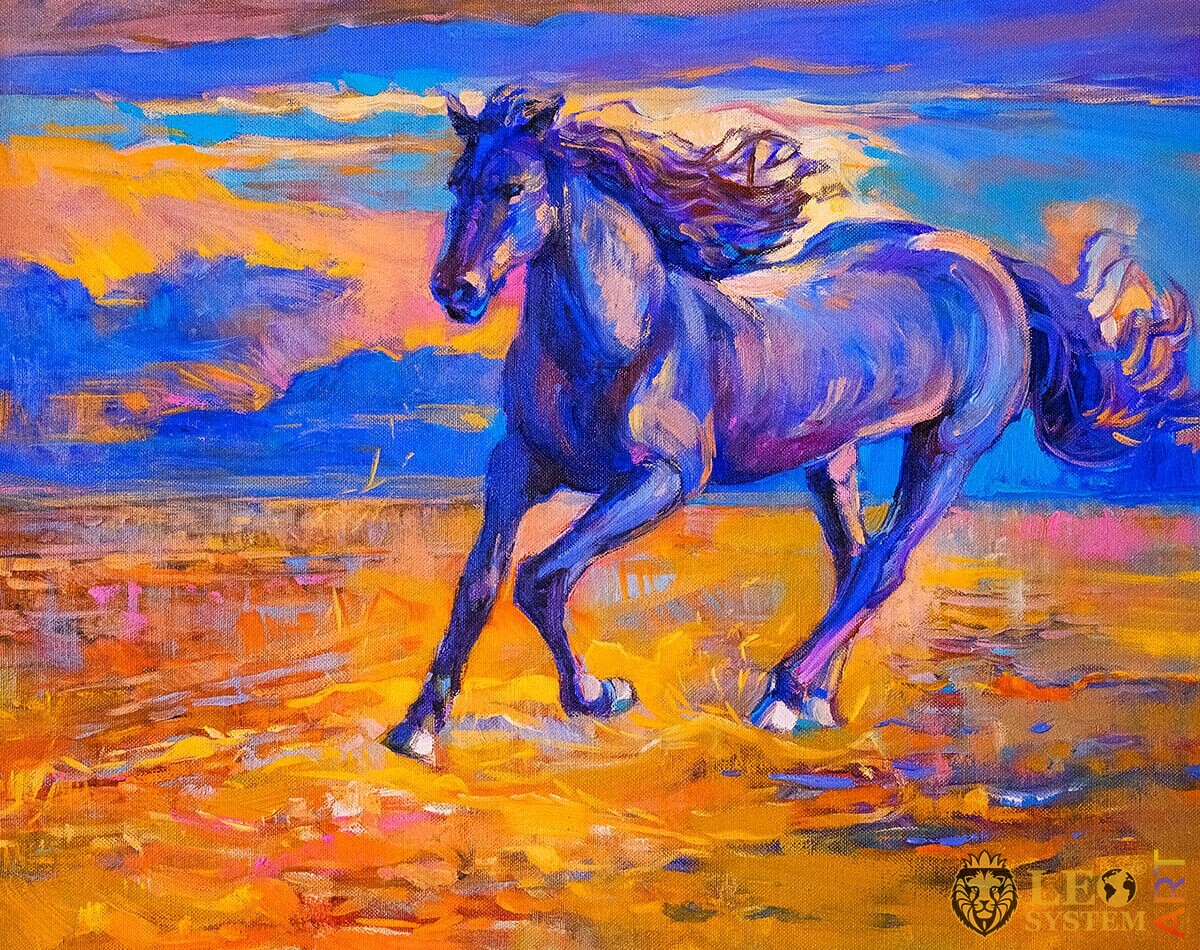 Oil painting on canvas bright horse gallops fast