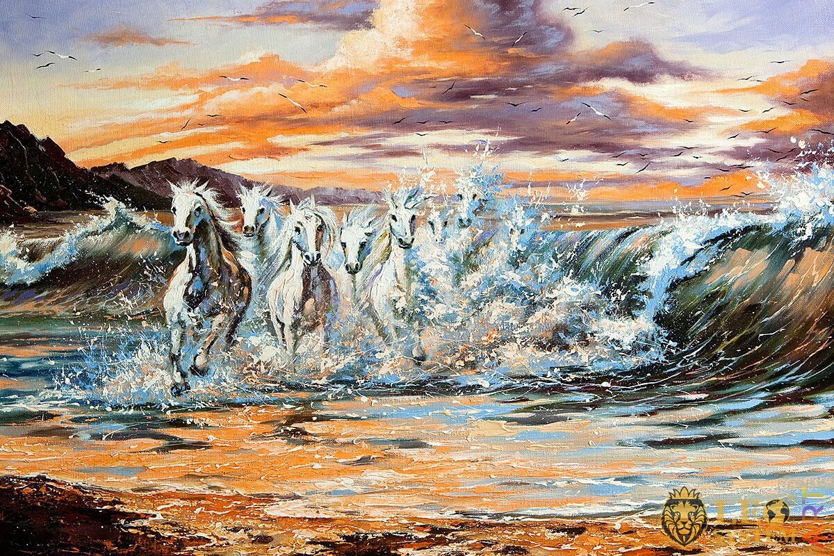 Oil painting on canvas a group of white horses galloping on the waves