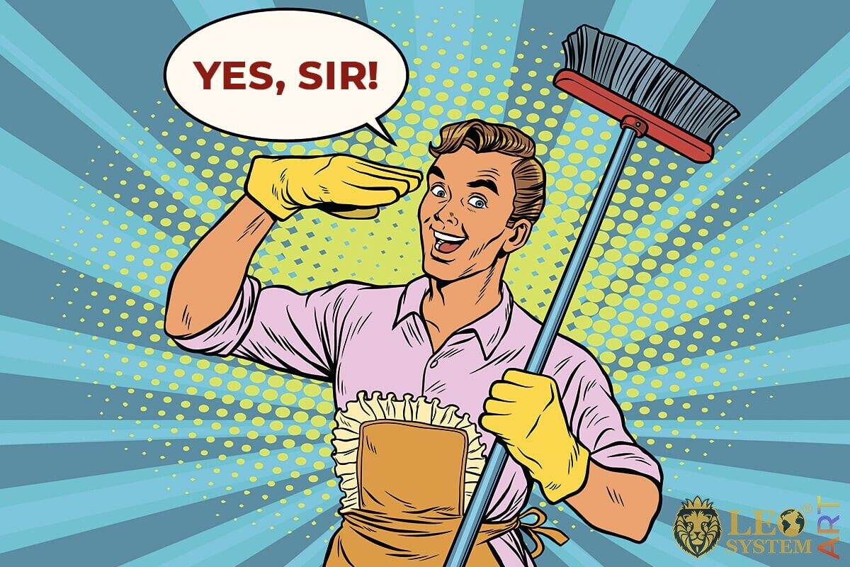 Illustration of a young man in charge of cleanliness and order