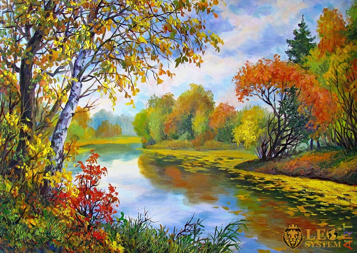 Landscape, trees with yellow and red leaves, river shore, oil painting