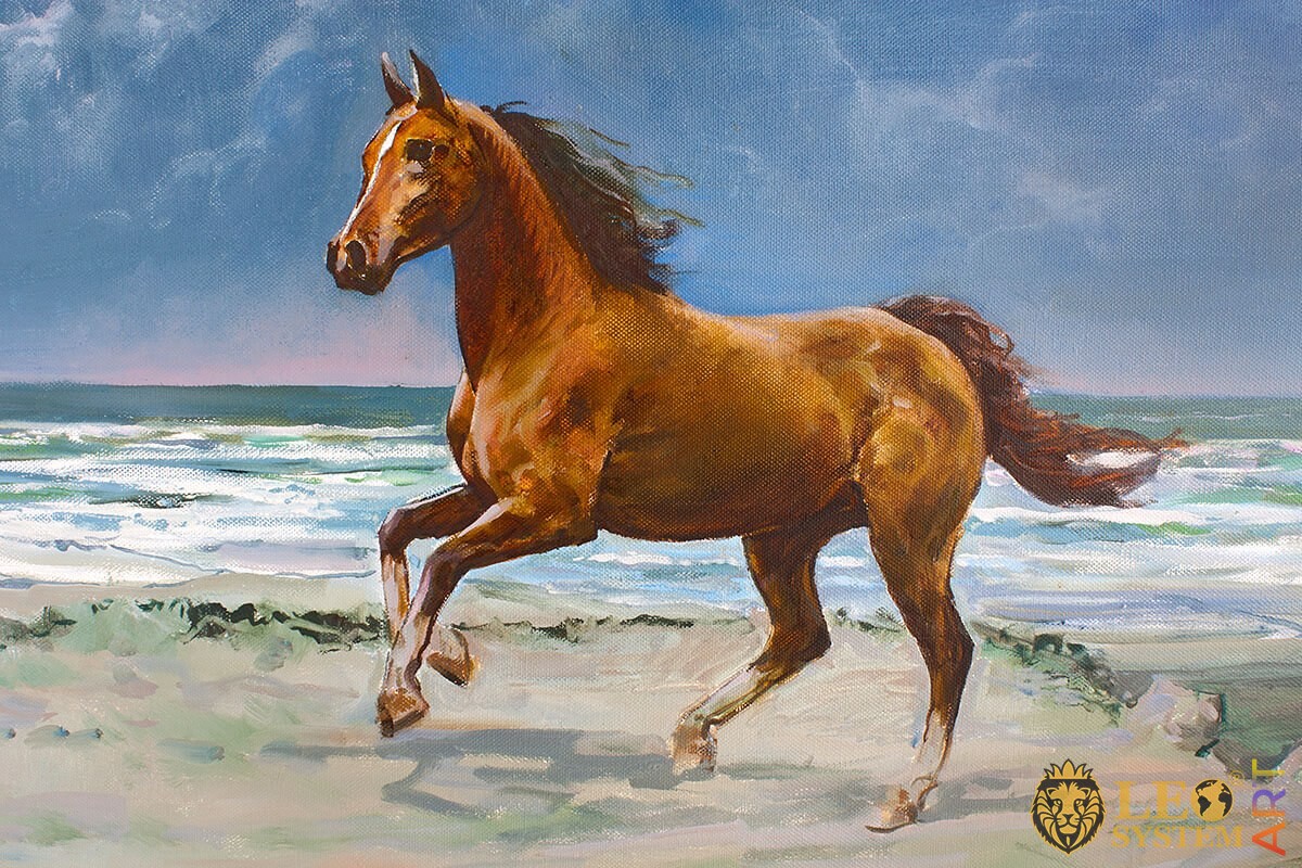 Painting brown horse galloping on the sand
