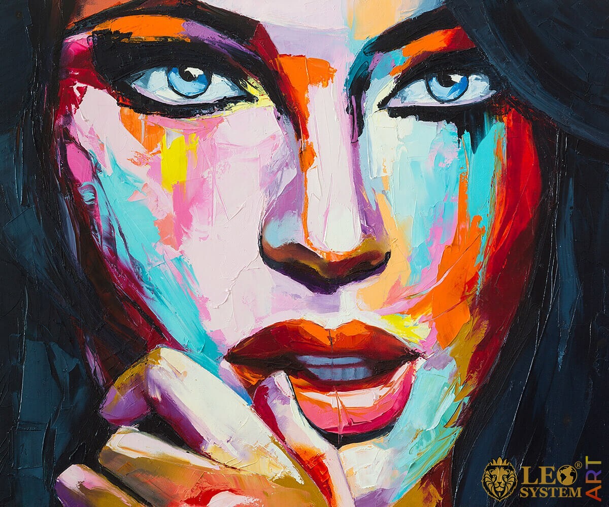 Face of a beautiful woman with red lips, original painting