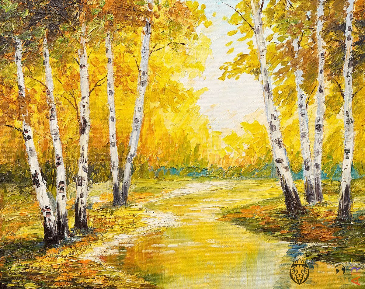 Stream in the forest, trees, oil painting