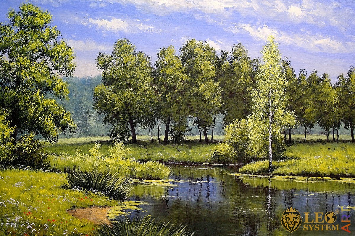 Oil painting beautiful forest and river