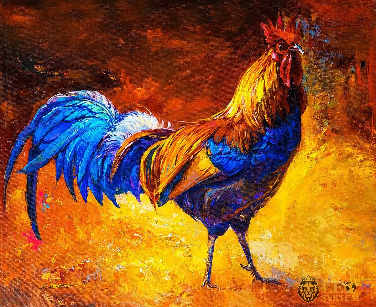 Original oil painting bright rooster