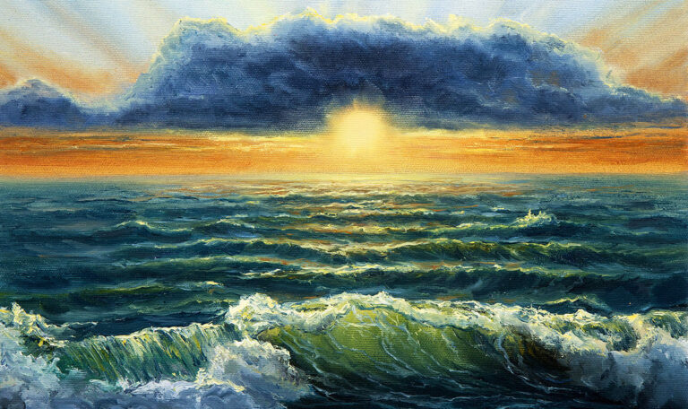 Bright sunset and waves, oil painting on canvas