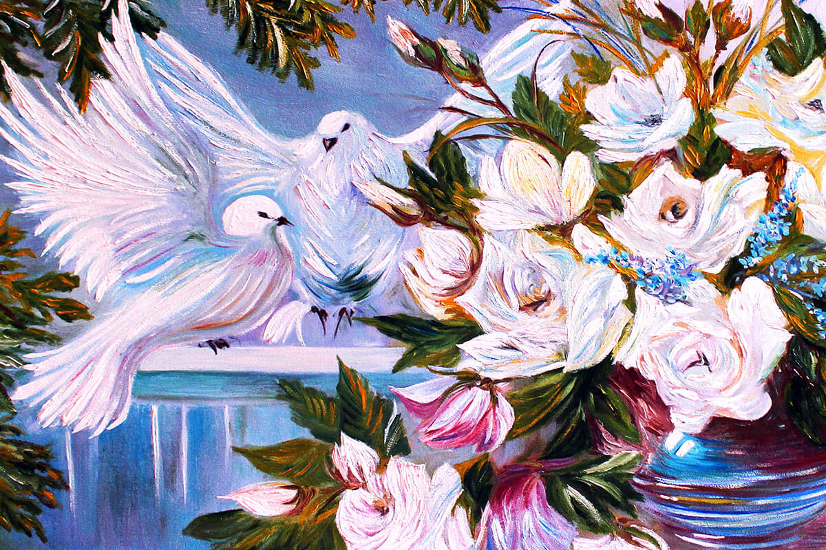 Painting of two pretty white doves in flowers