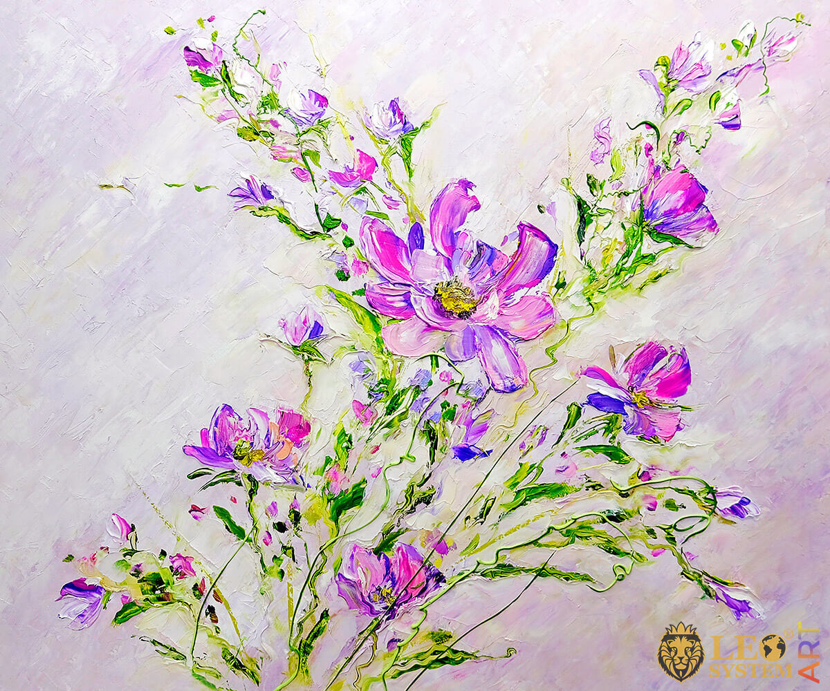 Oil painting with pink and purple flowers