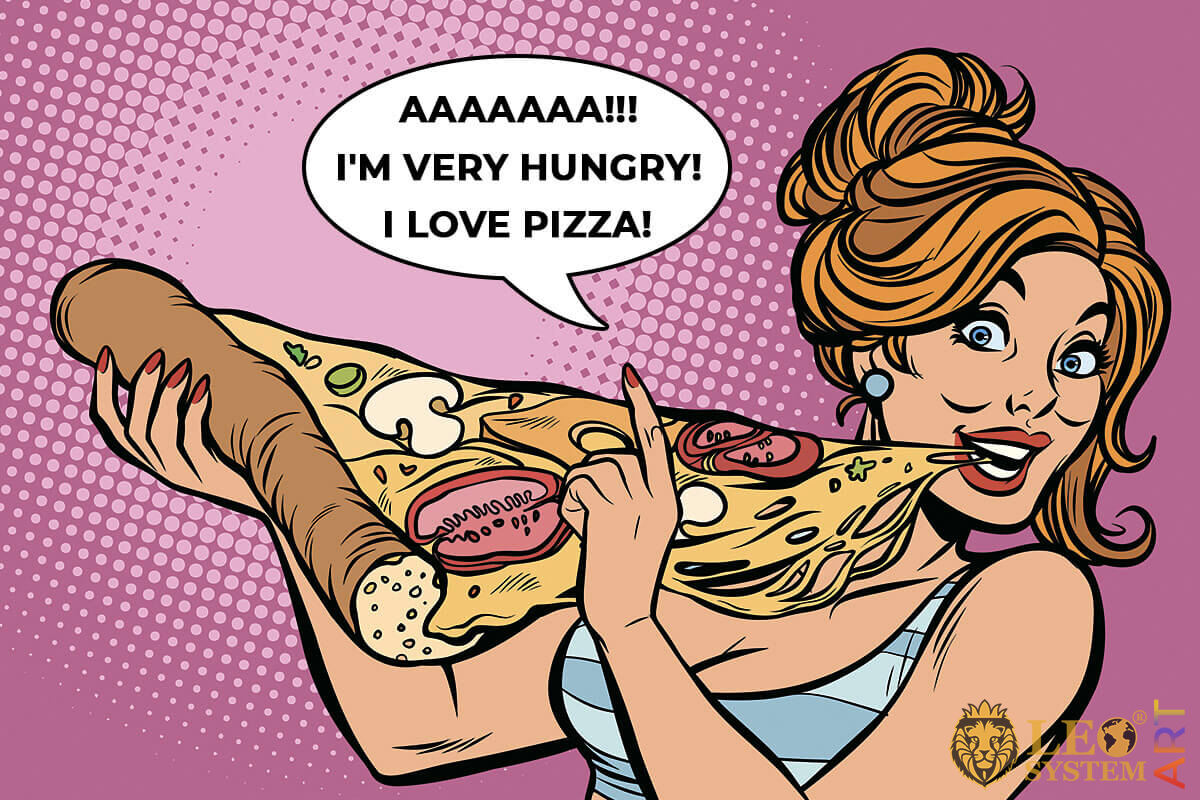 Picture of a hungry woman with a large slice of pizza