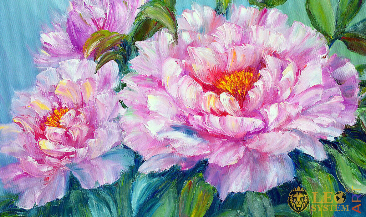 Oil painting on canvas with beautiful peonies