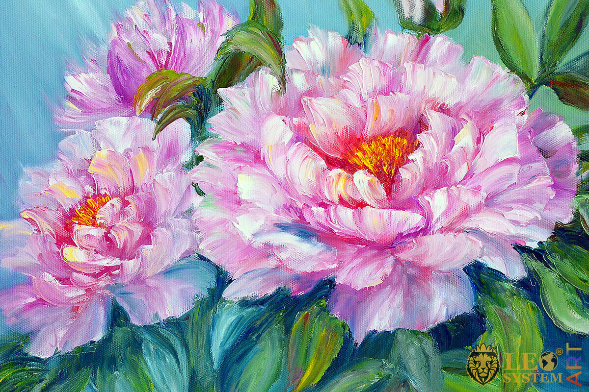 Oil painting on canvas with beautiful peonies