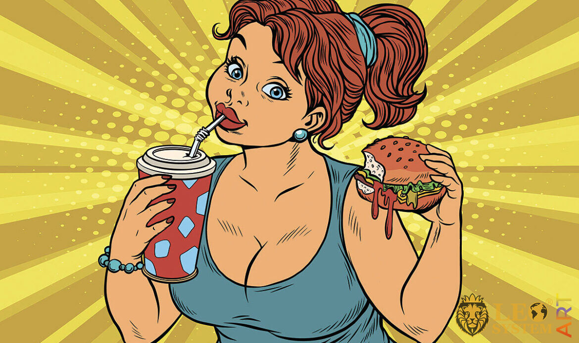 Picture of a woman with a glass of sparkling water and a burger in her hands