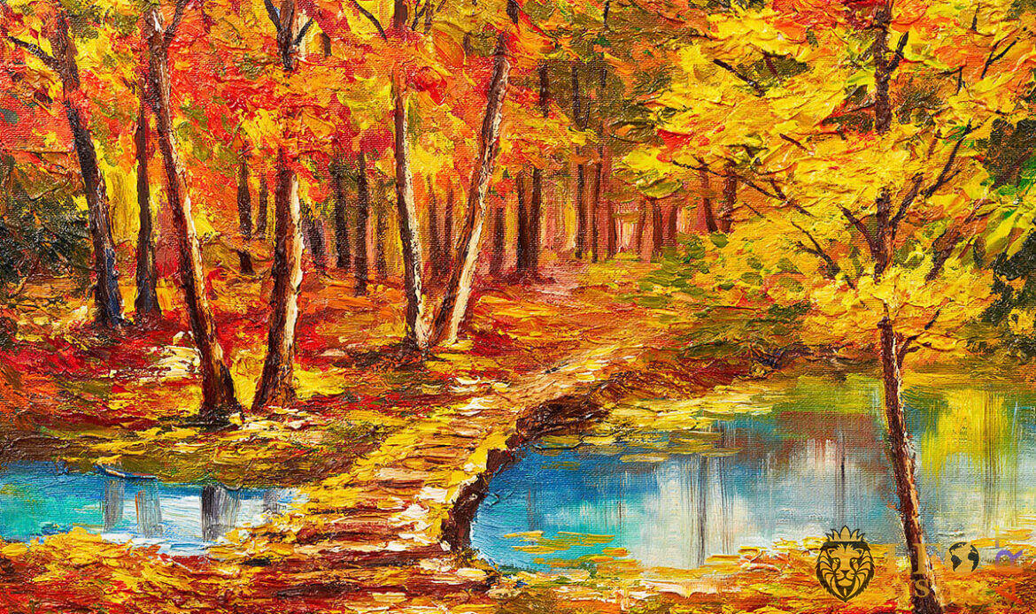 Painting with a bridge in the forest