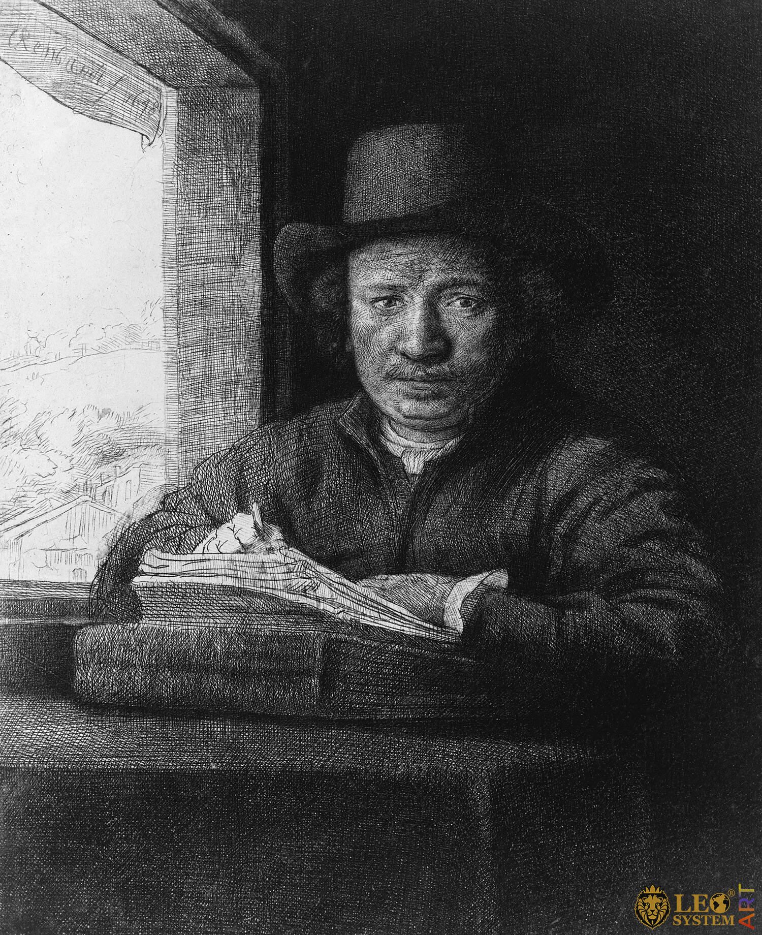 Self-Portrait Etching at a Window, Painter: Rembrandt van Rijn, 1648, Amsterdam, Netherlands, Original painting