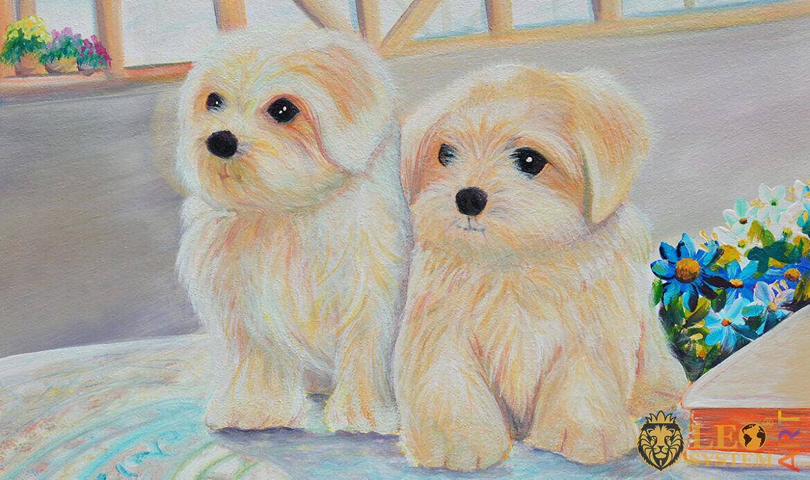 Cute oil painting with two white puppies