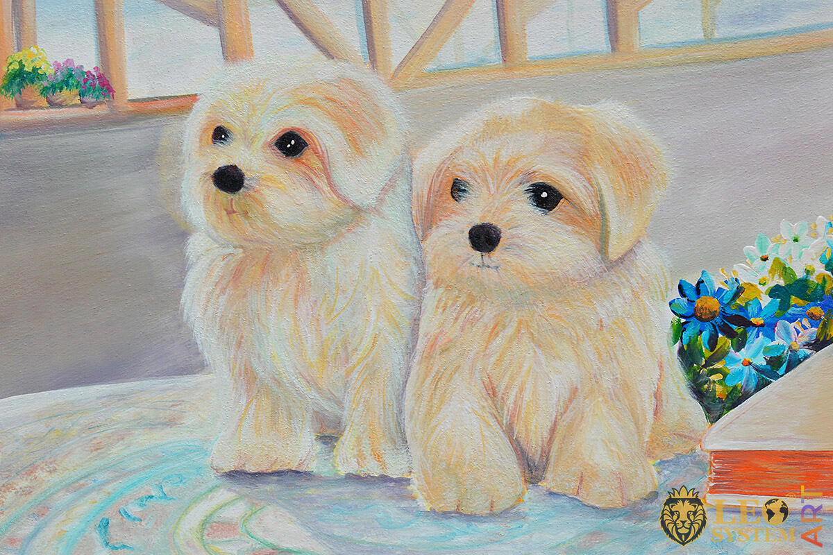 Cute oil painting with two white puppies