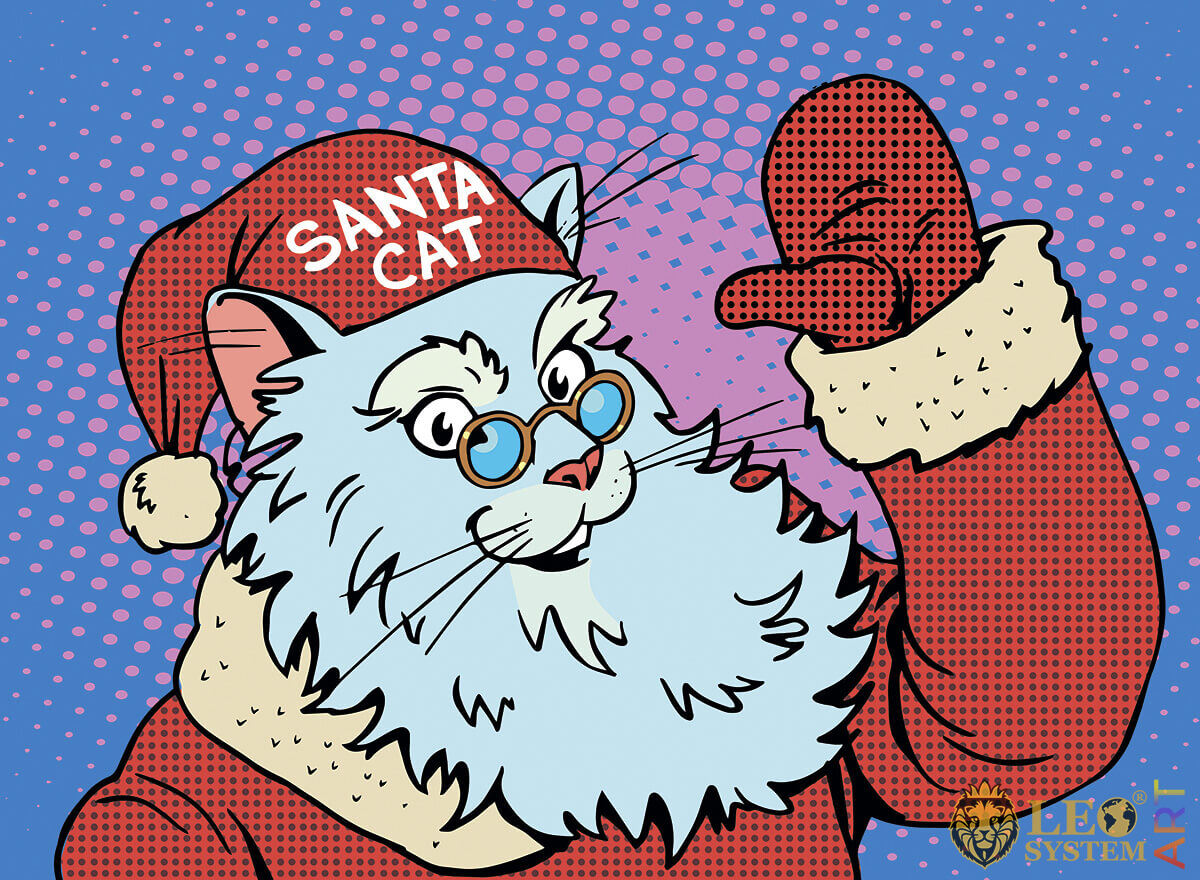 Comic cat dressed as Santa Claus