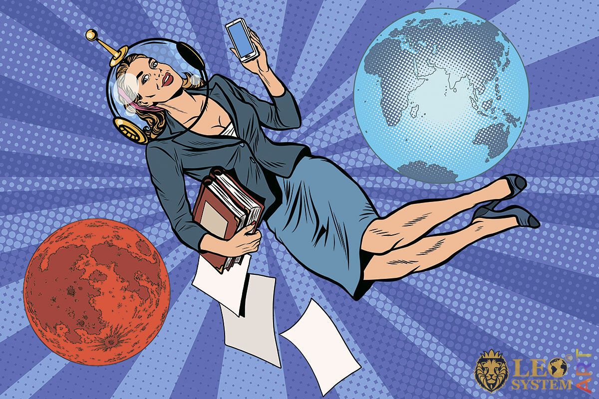 Cheerful picture of business woman in outer space with mobile phone