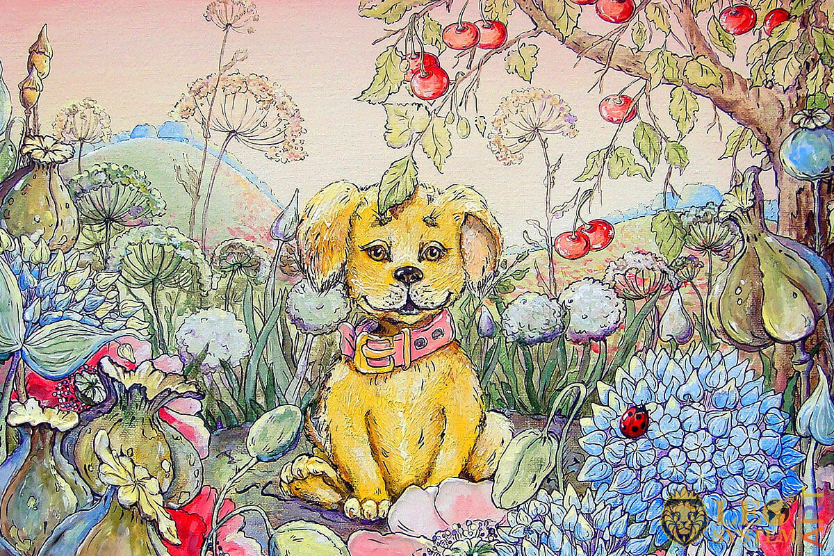 Dog sits surrounded by flowers, oil painting