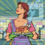Picture of a cute housewife holding a deliciously cooked chicken