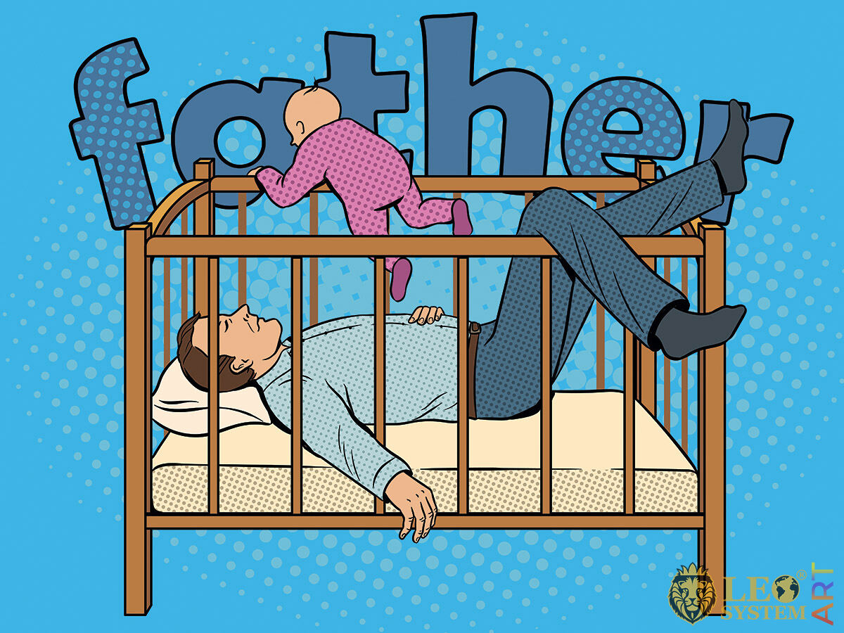Picture of a tired father lying in a crib
